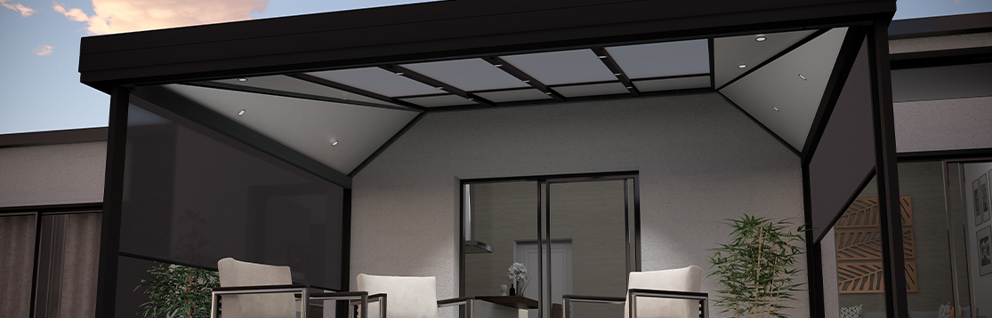 Pergola bioklimatique à toit fixe, à teinte variable - Equipements éclairage et store - SOKO pergola-bioklimatique-a-toit-fixe-a-teinte-variable-equipement-eclairage-store-soko